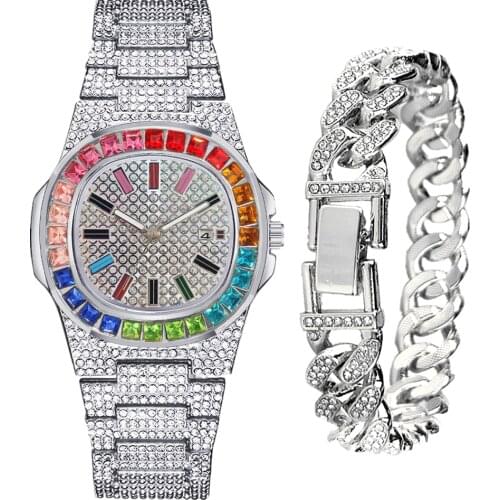 Bracelet With Watches for Men Women Bling Luxury Iced Out Watch Clock Men Gold Cuban Chain Watch Men Gift Set Relogio Masculino