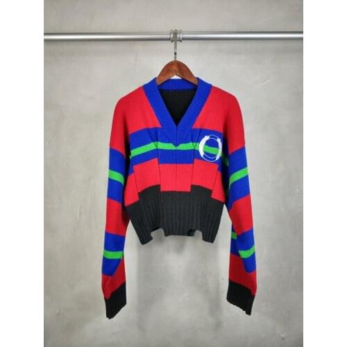 Hot Sale! Vintage 11.16 Fashion High End Contrast Color Striped Patchwork Embroidery Sweater Knitwear Women V-neck Knit Pullover