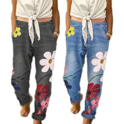 Fashion Chic Women Denim Pants Floral Printed Casual Girl Jeans Flower Straight Vintage High Street Trousers for female jeans