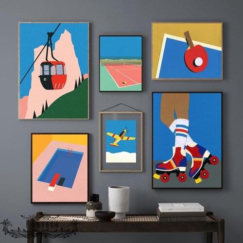Cartoon Cable Car Airplane Canvas Painting Roller Skates Ping-Pong Tennis Court Pool Poster Wall Art Pictures for Living Room