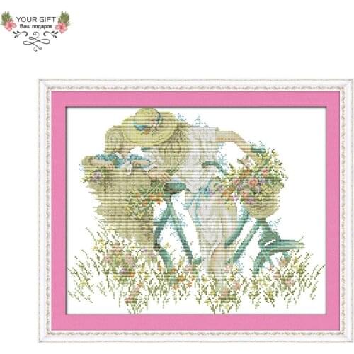 Joy Sunday Free Shipping Counted and Stamped Mother And Daughter With Bike Embroidery Cross Stitch kits for Home Decor R440