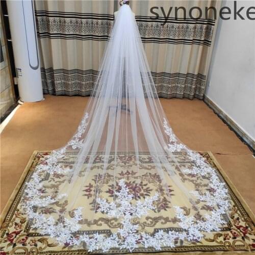 2021 Real Photo 3m One Layer Wedding Veil With Comb White Lace Edge Bridal Veils Ivory Appliqued Cathedral Wedding Veil