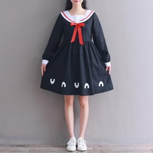 New autumn black long sleeve dress 2018 japanese style soft casual cotton dress