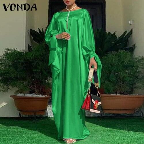 Oversized Dress VONDA 2021 Autumn Elegant Satin Dress Women Bohemian Holiday Party Sundress Casual Loose Maxi Long Vestidos Robe