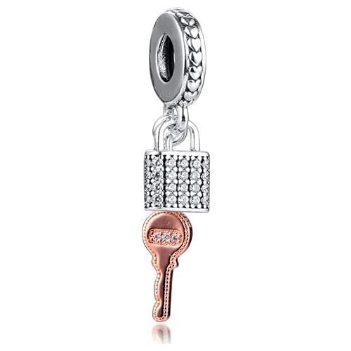Fits For Pandora Charms Bracelets 100% 925 Sterling-Silver-Jewelry Rose Pave Padlock and Key Beads Free Shipping