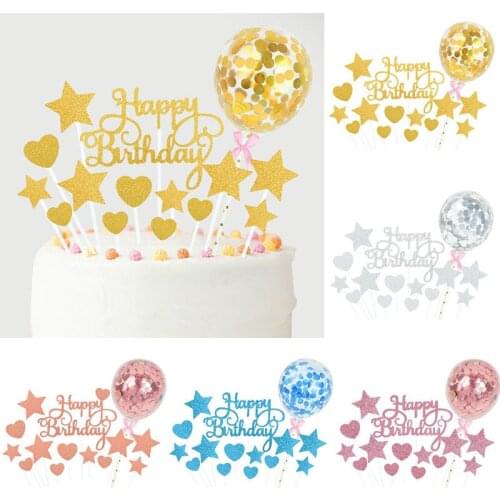 Rose Gold Silver Balloon Cake Topper Happy Birthday Star Heart Cake Topper Birthday Party Baby Shower Favors Dessert Decorations