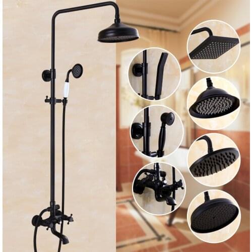 Bathroom Black Oil Paint Solid Brass Bathtub Shower Set Wall Mounted 8" Rainfall Shower Mixer Tap Faucet 3-functions Mixer Valve