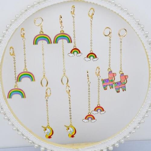 You are my little rainbow girl earring cartoon pendant enamel drop earrings copper hoop unicorn shape best gift for women/girls