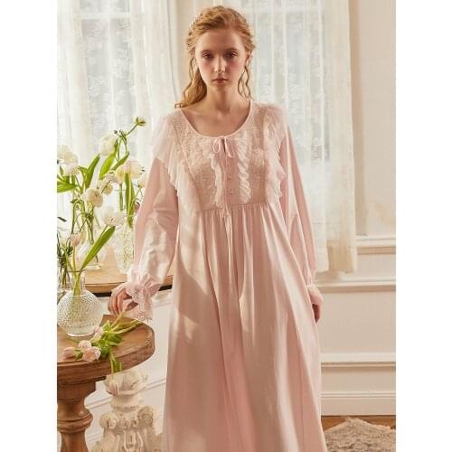 Vintage Embroidery Cotton Womens Long Nightgowns Luxury Royal Pricess Loose Nightwear Elegant Autumn Spring Long Nighty Dress
