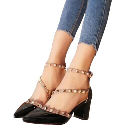 Rivet womens shoes 2020 summer Women Pumps brand OL Rivet high heels pointed buckle single shoes professional shoes