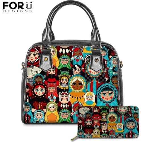 FOURDESIGNS Lovely Russian Doll Printed Women 2pcs PU Leather Tote Bag Ladies Large Capacity Shoulder Bag Female Long Wallet New