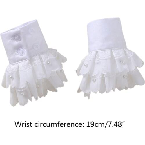 Ladies Double Layer Detachable Cuffs Ruffles Lace Pearl Beading Fake Sleeves F3MD