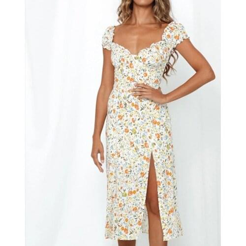 2021 Summer Dress Vintage Party V-Neck Elegant Sexy Beach Dress Female Floral Print Short Sleeve Hem Slit Mid Dresses