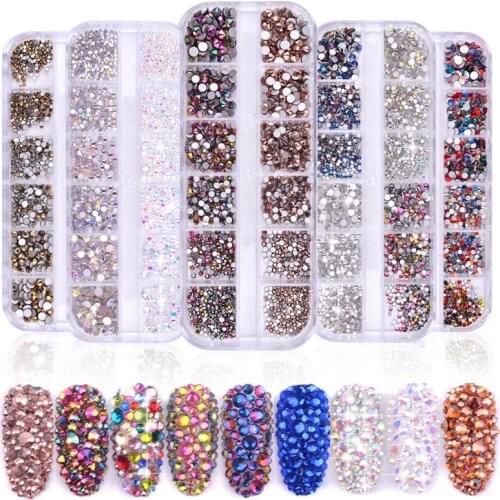 1440pcs Glitter Rhinestone for Nail Decorations Mixed Size Round Colorful 3D Charm with Hard Case Nail Studs