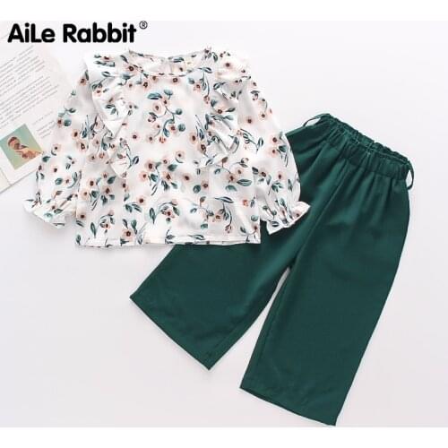 2021 Girls Fashion Clothes Suit Autumn Long Sleeve Chiffon Suit Top And Pants 2-piece Suit Wide Leg Pants Suit For Girls 2-6