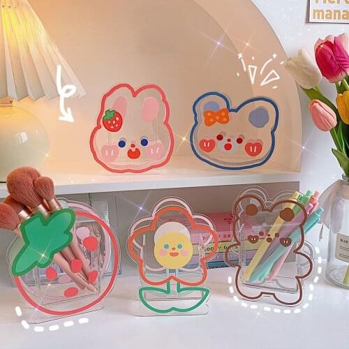 Acrylic Cartoon Rabbit Transparent Pen Holder Pencil Case Cute Girls Kawaii Desktop Student Stationery High Capacity Storage Box