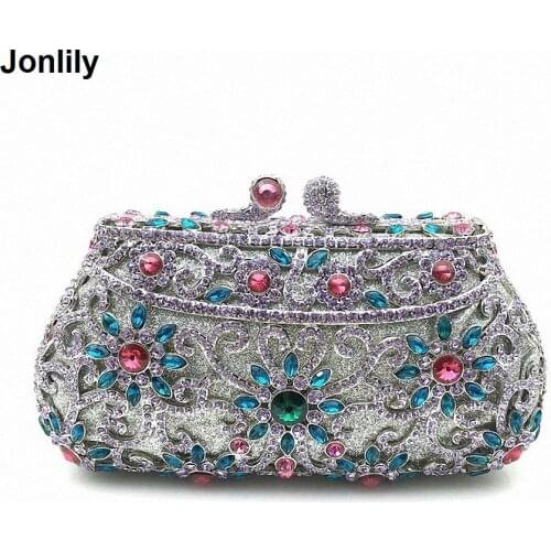 Hollow Out Chain Clutch Purse Silver Crystal Evening Bag Women Wedding Party Bridal Handbags Wholesale LI-1563