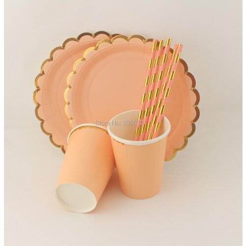 Free Shipping 57pcs/lot Metallic Foil Gold Party Tableware Set Paper Plates Paper Cups Paper Straws for Party Weddig Birthday