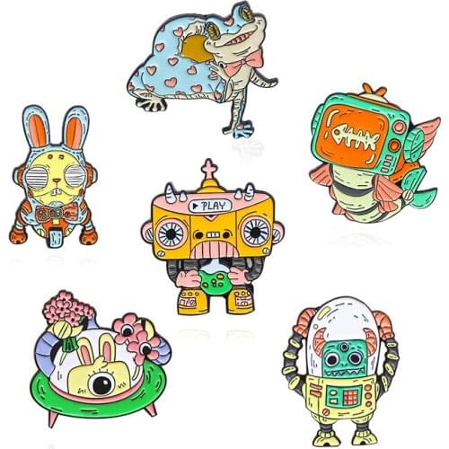 New style Robot Enamel Brooch Rabbit motorcycle Magic frog Lobster TV Bull Demon UFO Radio play alien Lapel Pin Custom Badge