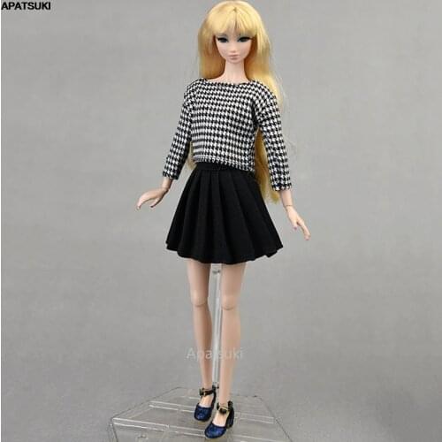 Black Fashion Clothes for Barbie Doll Outfits Houndstooth Pattern Shirt Blouse Top Pleated Skirts for 1/6 BJD Dolls Accessories
