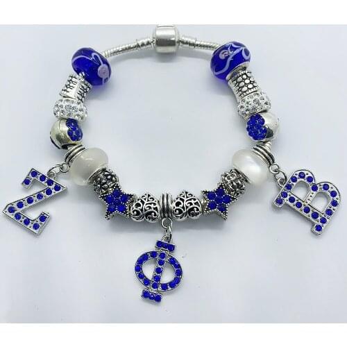 Exquisite blue rhinestone inlaid Greek letter ZETA PHI BETA metal pendant bracelet sorority society big hole beads bangle