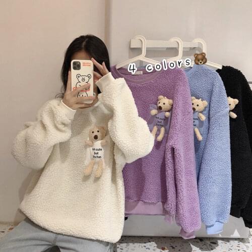 Korean Women Kawaii Sweater Loose Thickened Lamb Wool Teddy Bear Sweater Female Plus Size O-Neck Pullovers Cropped Sweaters