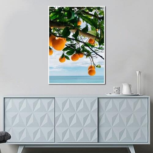 Summer Small Fresh Home Decor Painting On Canvas Orange Blue Sky Landscape Poster Kitchen Fruit Shop Restaurant Decor Wall Art