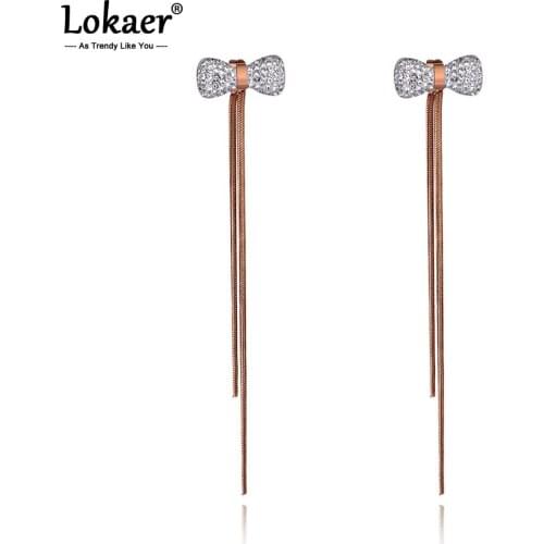 Lokaer Trendy Titanium Stainless Steel Bowknot Earrings Jewelry White Clay Rhinestone Tassel Earrings For Women Girls E20015