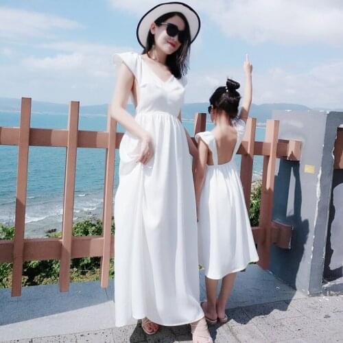 Fashion Sexy Back White Mother Daughter Dresses Summer Long A Line Slim Gowns Girl Women Family Matching Oufits Dress
