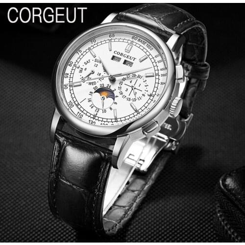 CORGEUT Top New Mens Watch Moon Phase Automatic Date Luminous Waterproof Watch Sports Impact Mens watch Relógio masculino