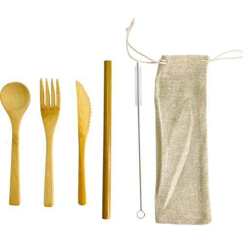 Bamboo Cutlery Set Bamboo Utensils 6pcs Reusable Bamboo Flatware Set Travel Utensils Bamboo Straw Spoon Knife Fork Spoon Brush