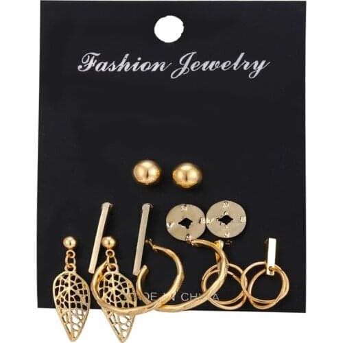 F1749 hanzhishang creative hollow out leaf compass geometric strip Earring Set 6 pairs