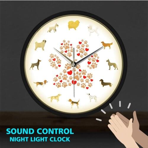 Dog Breeds Wall Art Decor Metal Frame LED Wall Clock Sound Activated Cartoon Animal Footprints Wall Watch Puppy Dog Lover Gifts