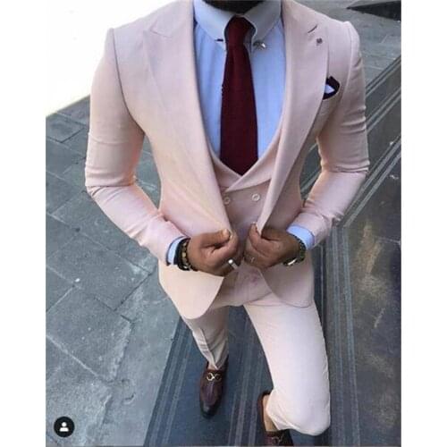 New Arrival Men Suits Pink Groom Tuxedos Peak Lapel Groomsmen Wedding Bridegroom 3 Pieces ( Jacket + Pants + Vest + Tie ) D145