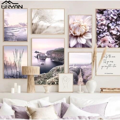 Purple Dahlia Flower Sea Cliff Ocean Waves Canvas Print Painting Nordic Landscape Poster Reed Lavender Field Living Room Picture