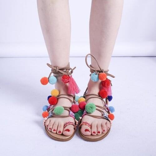 Summer Women Sandals Woman Flats Fashion Roman Style Lace-Up Tassel Colored Balls Womens Shoes Zapatos De Mujer Large Size 43