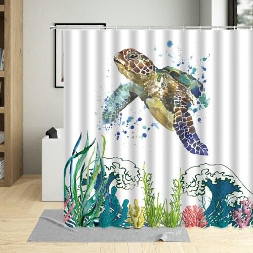 Water Colors Sea Turtle Waterproof Bathroom Decor Cartoons Sea Animals Plant Shower Curtain Polyester Fabric Curtains With Hooks