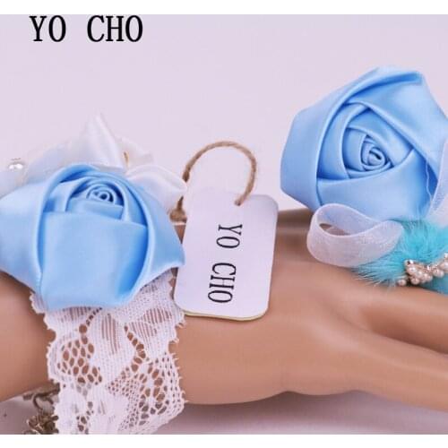 YO CHO High Quality Blue Rose Corsage Wrist Flowers Silk Lace Diamond Feather Bride Groom Corsage Hand Decorative Bride Flowers