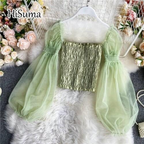 2021 spring new female square collar puff sleeve chiffon with gauze shirts women elegant mesh short blouses sweet fairy shirt