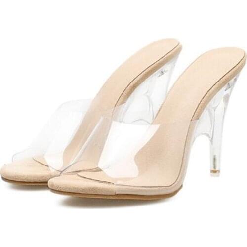 Women sandals PU Slip On 11CM Thin Heels High heels Round Toe Shallow women shoes sandalias mujer 2020 size 35-42 Beige