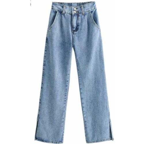 2021 New Hight Waist Jeans Woman Blue Straight Denim Pants Side Split High Street Female Trousers