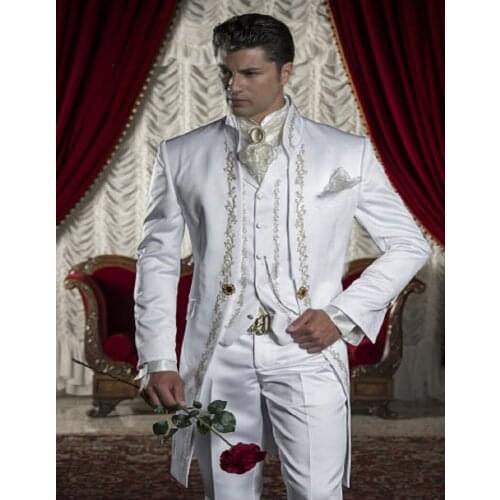 Handsome Mens Suits Embroidery Groom Tuxedos Groomsmen Wedding Party Dinner Best Man Suits Blazer (Jacket+Pants+Vest) NO:328