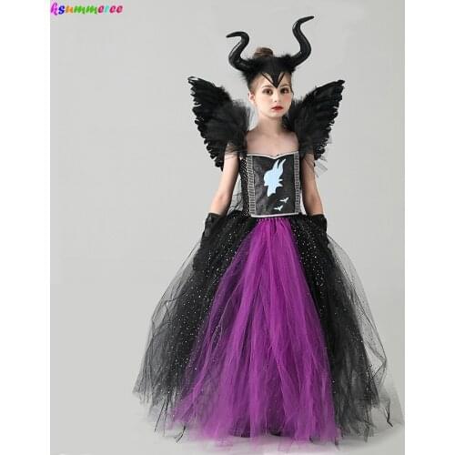 Girls Halloween Evil Dark Fairy Witch Gown Dress Costume Sparkly Kids Tutu Dress with Horns and Wing Fancy Villain Cosplay Dress