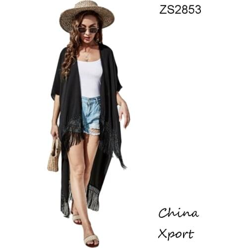 Free shipping good quality female favorite sun proof clothing long solid color swimsuit cover up thin coat with tassels 2021best