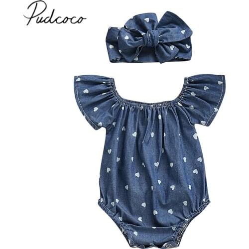 2020 Brand New 0-24M Infant Baby Girls Bodysuits Headband 2PCS Hearts Love Short Sleeve Off Shoulder Jumpsuits Summer Causal Set