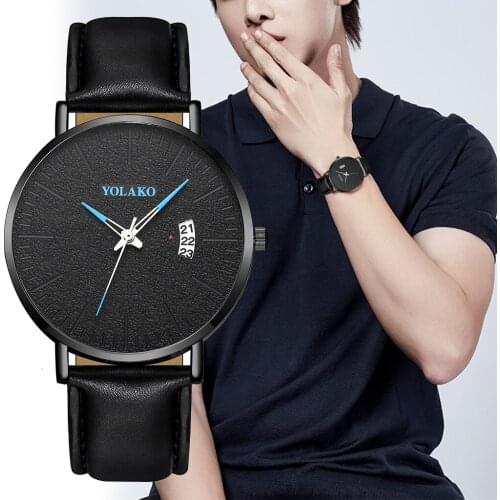 YOLAKO To Brand Sleek Minimalist Mens Watch Leather Belt Watch British Style Calendar Simple Quartz Clock Erkek Kol Saati
