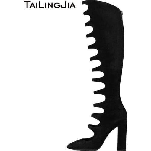 Black Faux Suede Round Toe High Heel Cutout Knee High Boots Sexy Chunky Heel Sandal Boots with Zipper Ladies Summer Shoes 2018