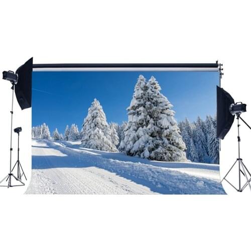 Photography Backdrop Christmas Pine Tree Forest Heavy Snow Blue Sky Winter Xmas Backdrops