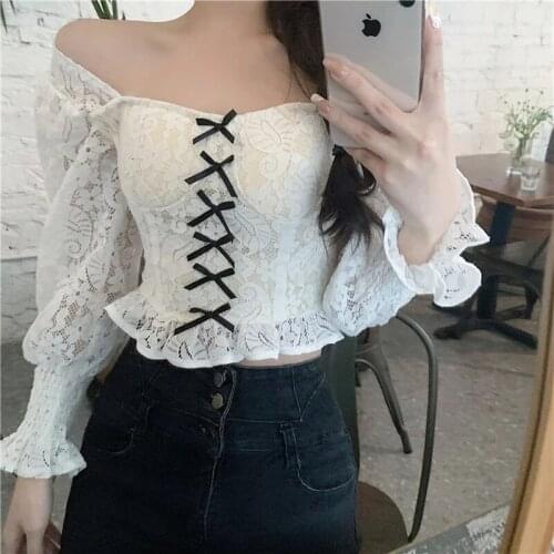 Hstar Casual Hollow Out Slim Chiffon Blouse 2021 Summer Patchwork Kawaii Blouse Women Elegant Sweet Bow Designer Korean Tops