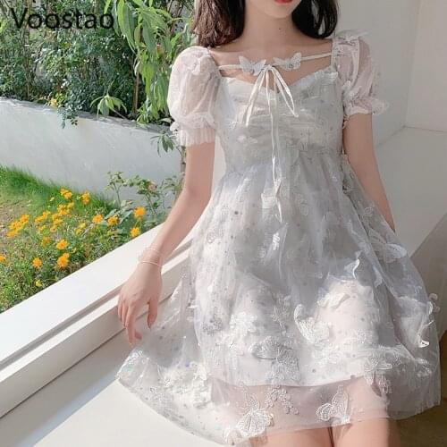 Sweet Lolita Princess Dress Elegant Women Summer Sexy Tulle Butterfly Party Mini Dress Girly Kawaii Glitter Fairy Dress Vestidos